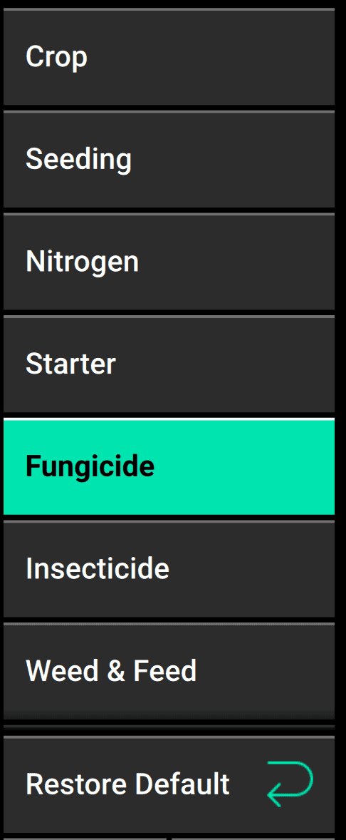 An example Crop setup menu sidebar, with Fungicide as the current page. On this page, the Restore Default button will only affect Fungicide settings.