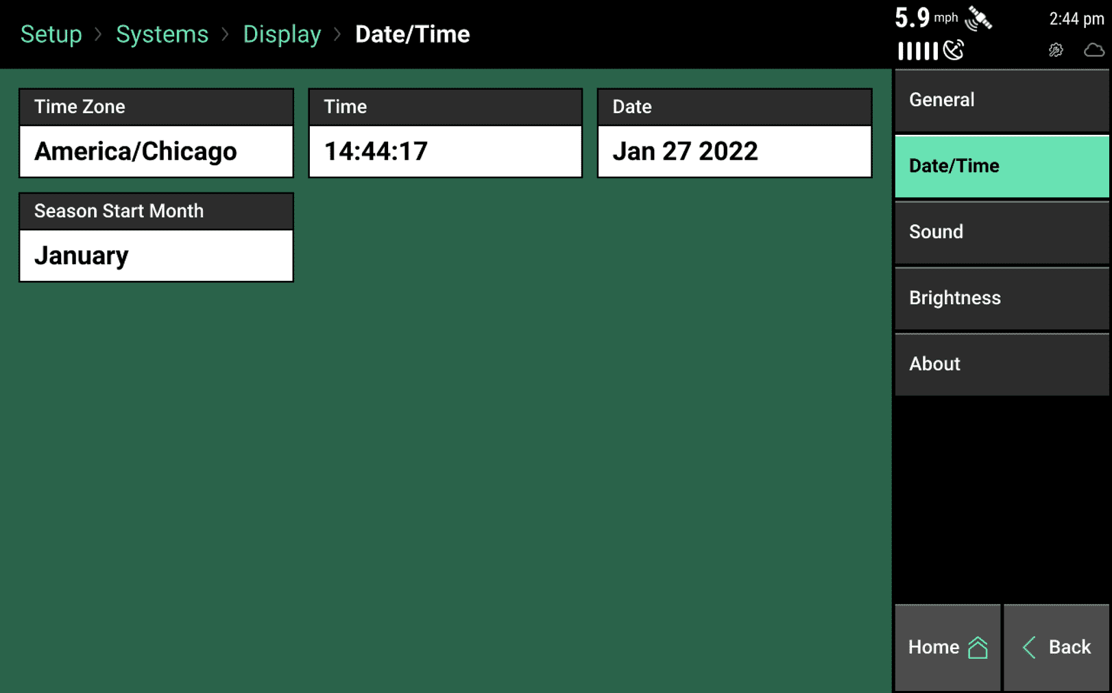 Date/Time page under Display Settings, showing new Season Start Month option