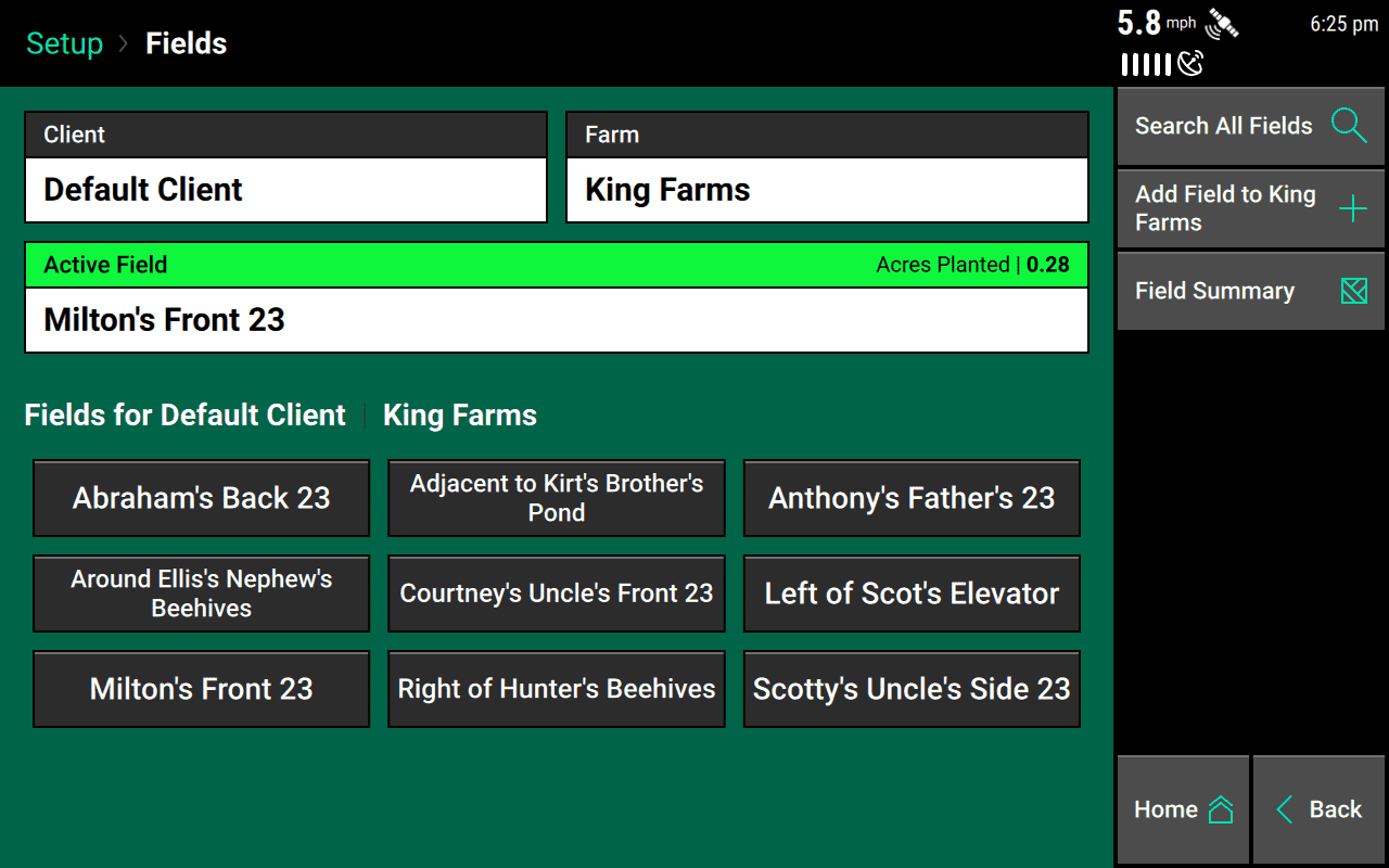 The Fields setup page is the home page for the currently active field, but it also lists all other fields belonging to the currently active farm.