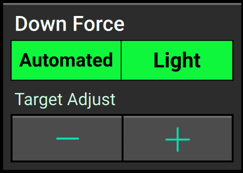 A large Down Force control widget, with stepper control buttons, showing that the system is set to automatic control mode with a light target (see below for what these terms mean)