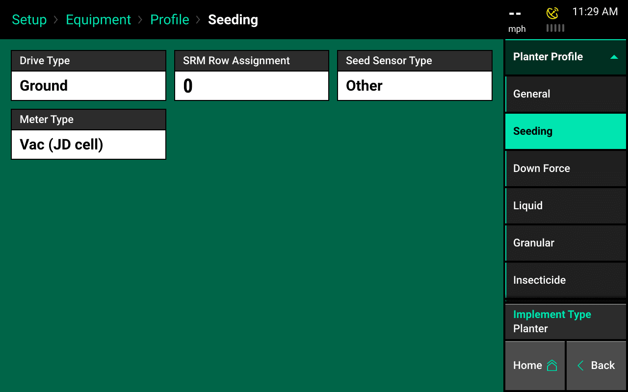 Equipment Setup Screen