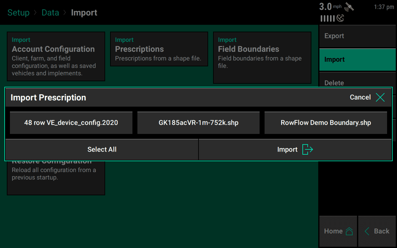 Screen for selecting which files to import