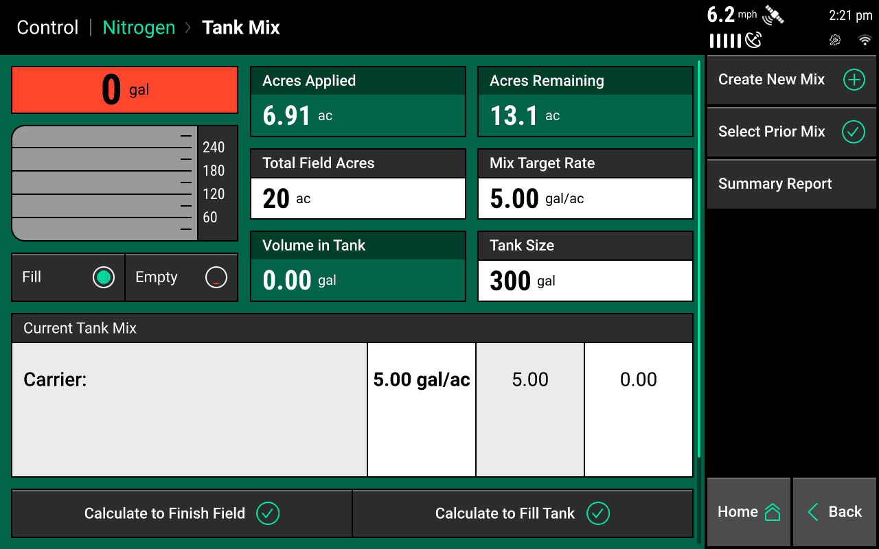 Tank Mix setup menu for a Nitrogen liquid system.