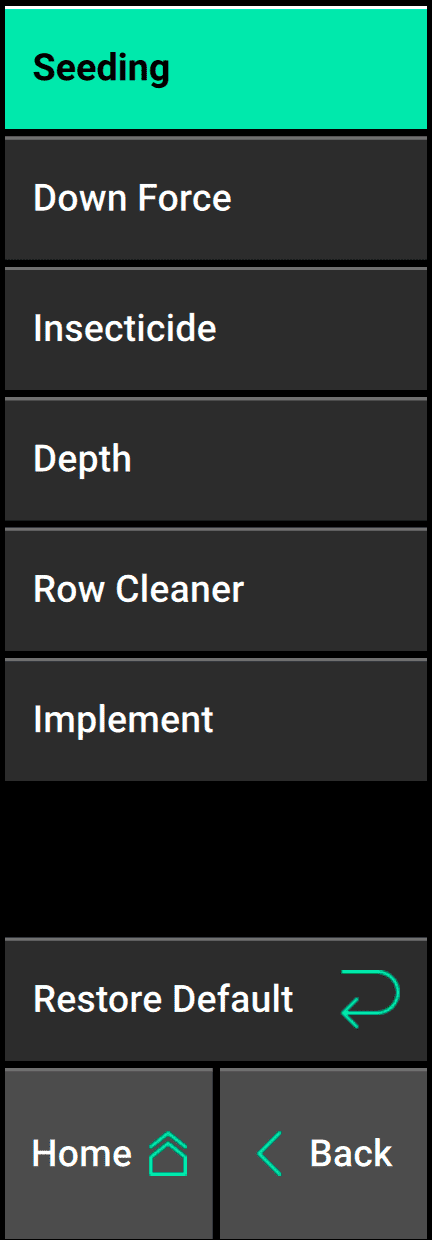 An example Alerts setup menu sidebar, with Seeding as the current page. On this page, the Restore Default button will only affect Seeding settings.