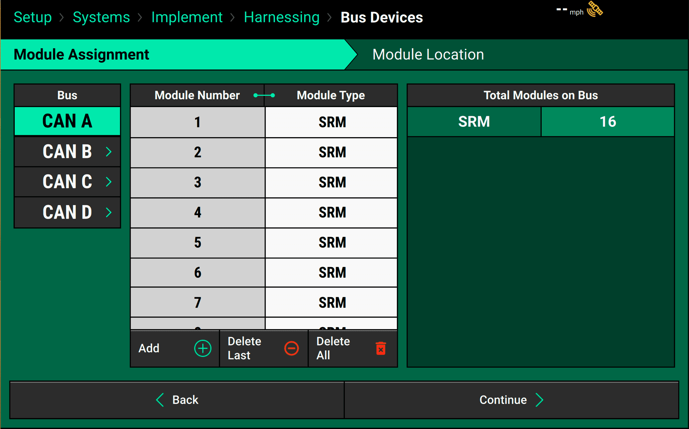 Bus Devices Module Assignment page. Use the left options to switch between buses. Use the middle box to add and remove modules *in order*. And use the right box to verify that everything adds up correctly. 