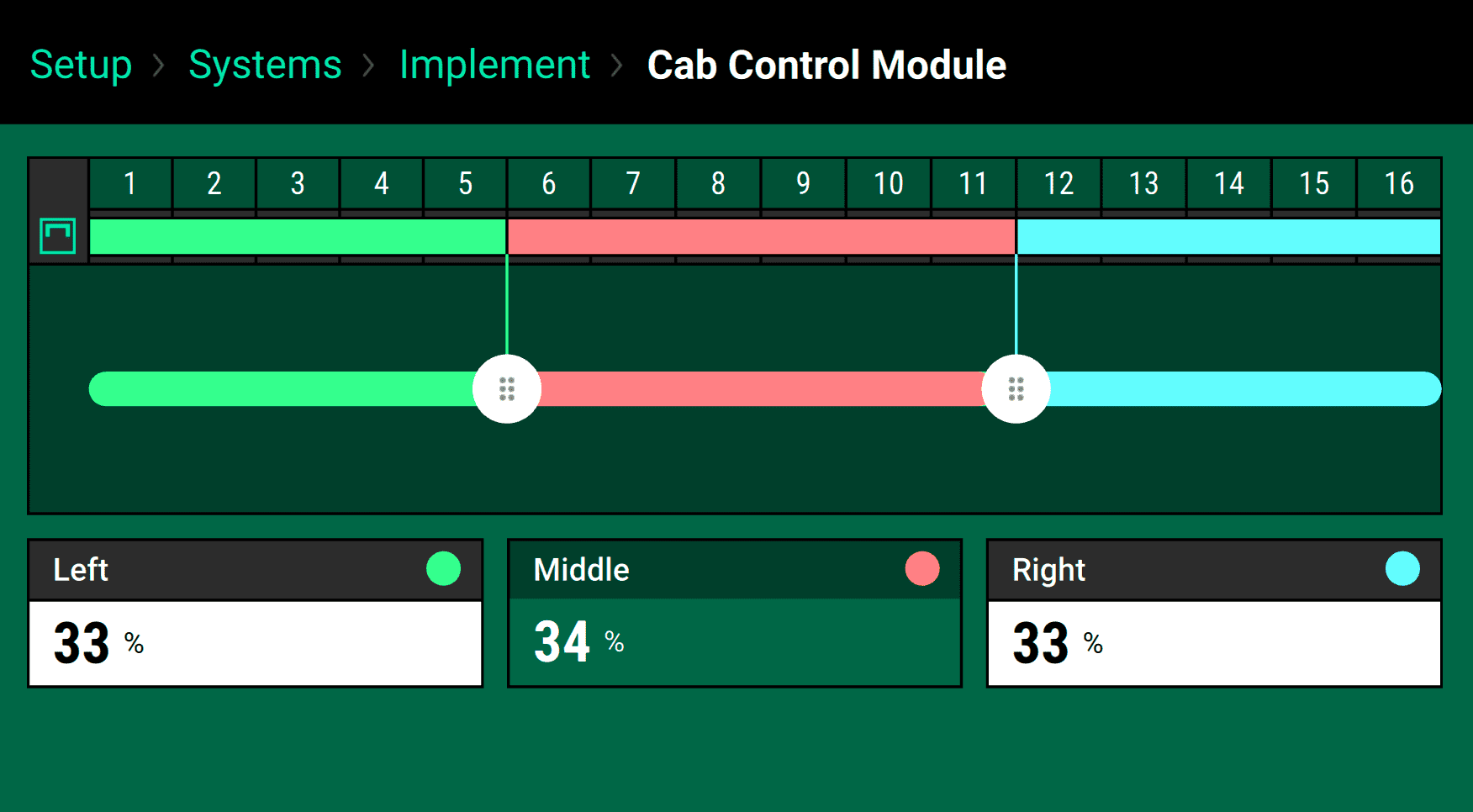 Assign rows to CCM Section Switches using the sliders to assign rows to color-coded sections.