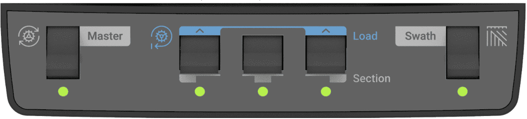 Cab Control Module all by itself, with Master switch on the left, Swath on the right, and section controls in the middle