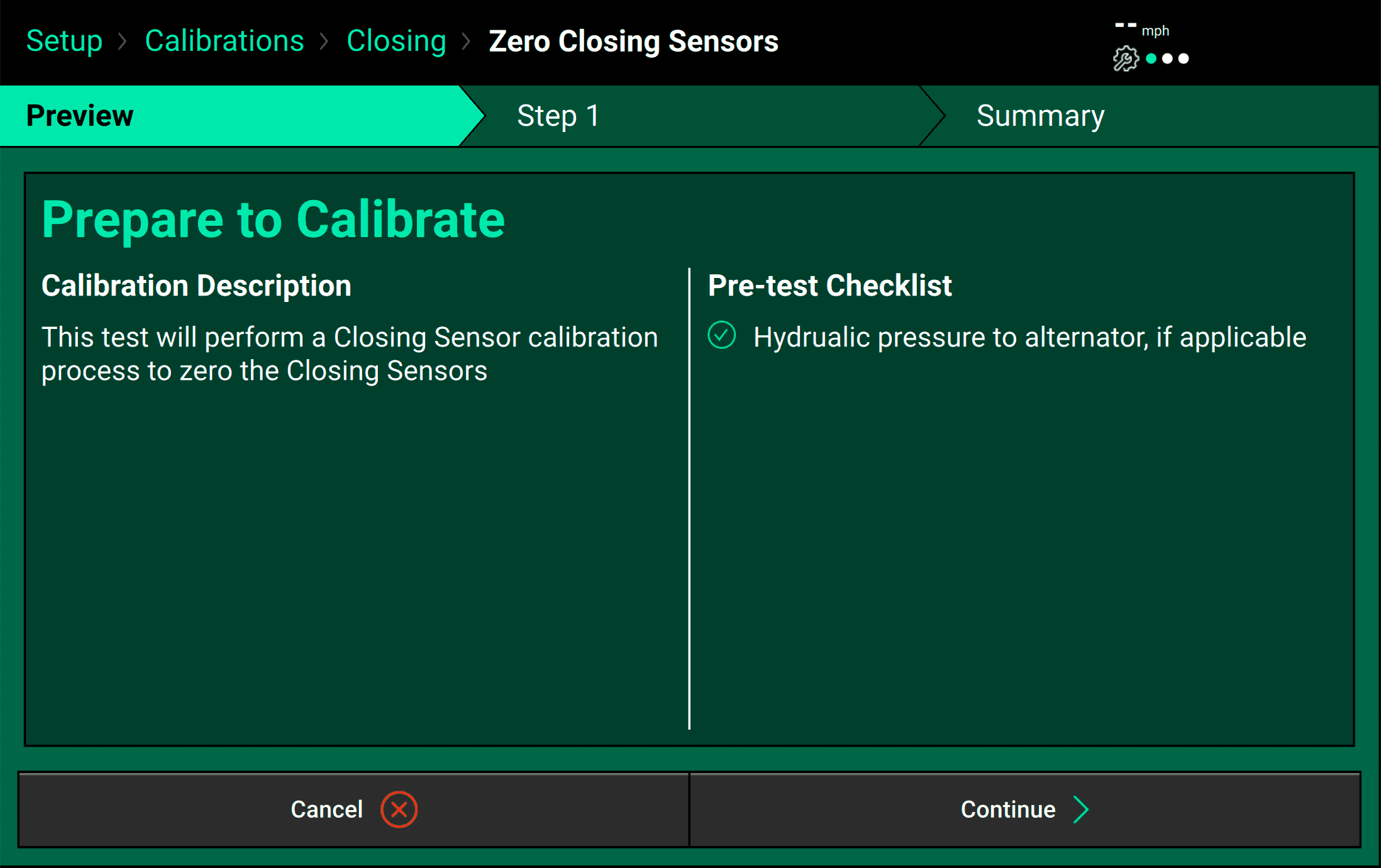 An example of the pre-calibration page for a Closing system