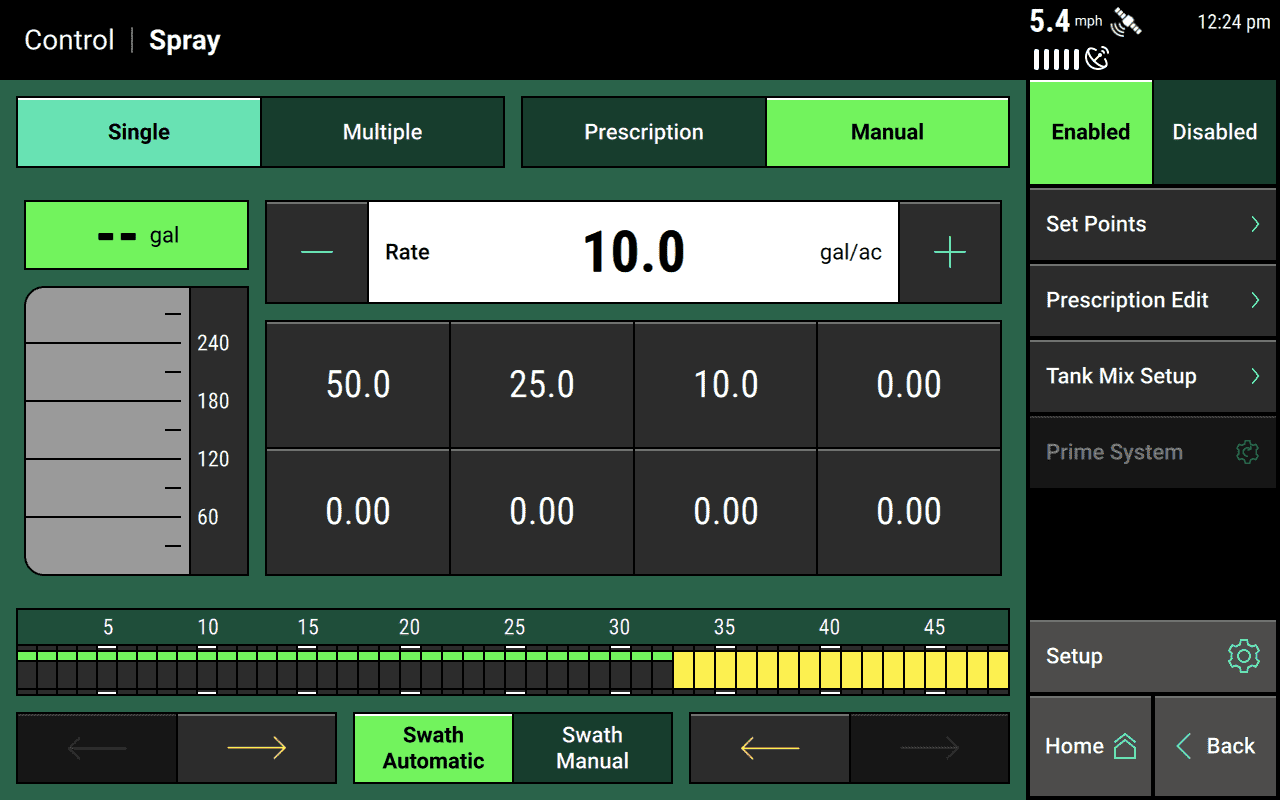 Control page for a liquid Spray system, including three user-added set points at 50, 25, and 10 gallons per acre that can be used to quickly switch between favorite flow rates. 