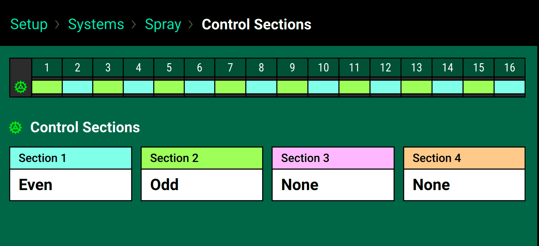 To set up control sections, use the colored input boxes. Then look at the row-by-row chart to make sure that the colors correspond to the rows you expect.