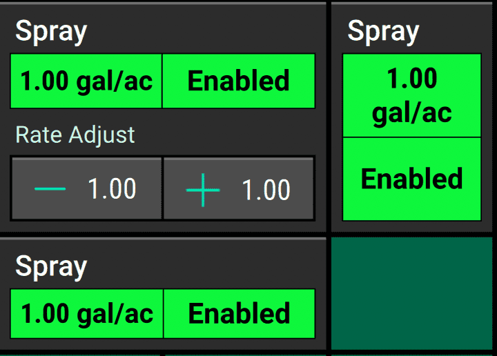 All three available control widget sizes for liquid systems. Note that the title of the widget (here, “Spray”) will reflect the name of the system you chose during system setup.