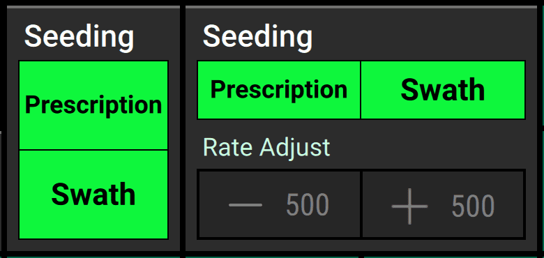 Examples of tall and large control widgets for a seeding system that is currently enabled and controlling to a prescription.