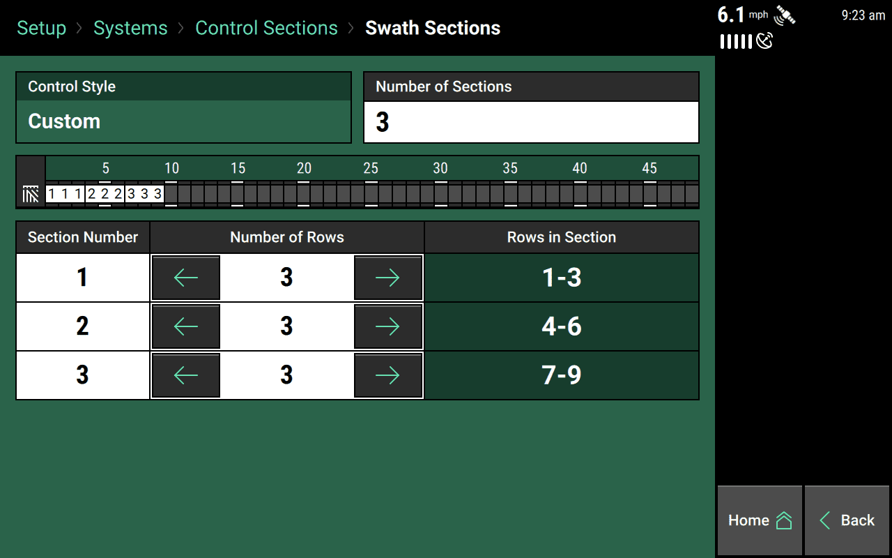 A custom Swath Sections page, with three sections configured to each have three rows. In this unrealistic example, this results in only 9 rows being used on a 48-row planter, as you can see in the row chart at the center of the page.