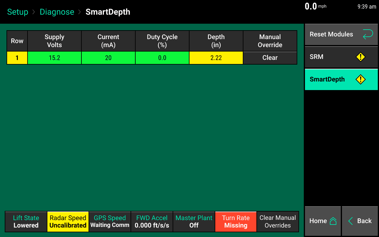The SmartDepth Diagnose page, with a Clear manual override button in the last column of the diagnostics chart, as well as a a Clear Manual Overrides button on the bottom right that will restore all rows to 20|20 control.