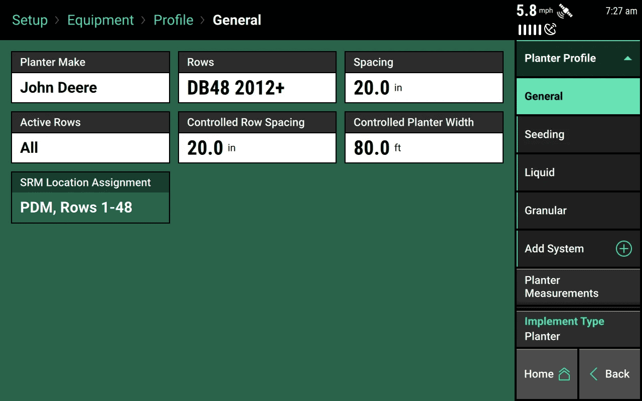 The home page for the Equipment setup menu is your implement profile, which includes sub-pages for each of the types of system your implement has on it, indicated here in the sidebar by the bright mint-green border on the left of each system.