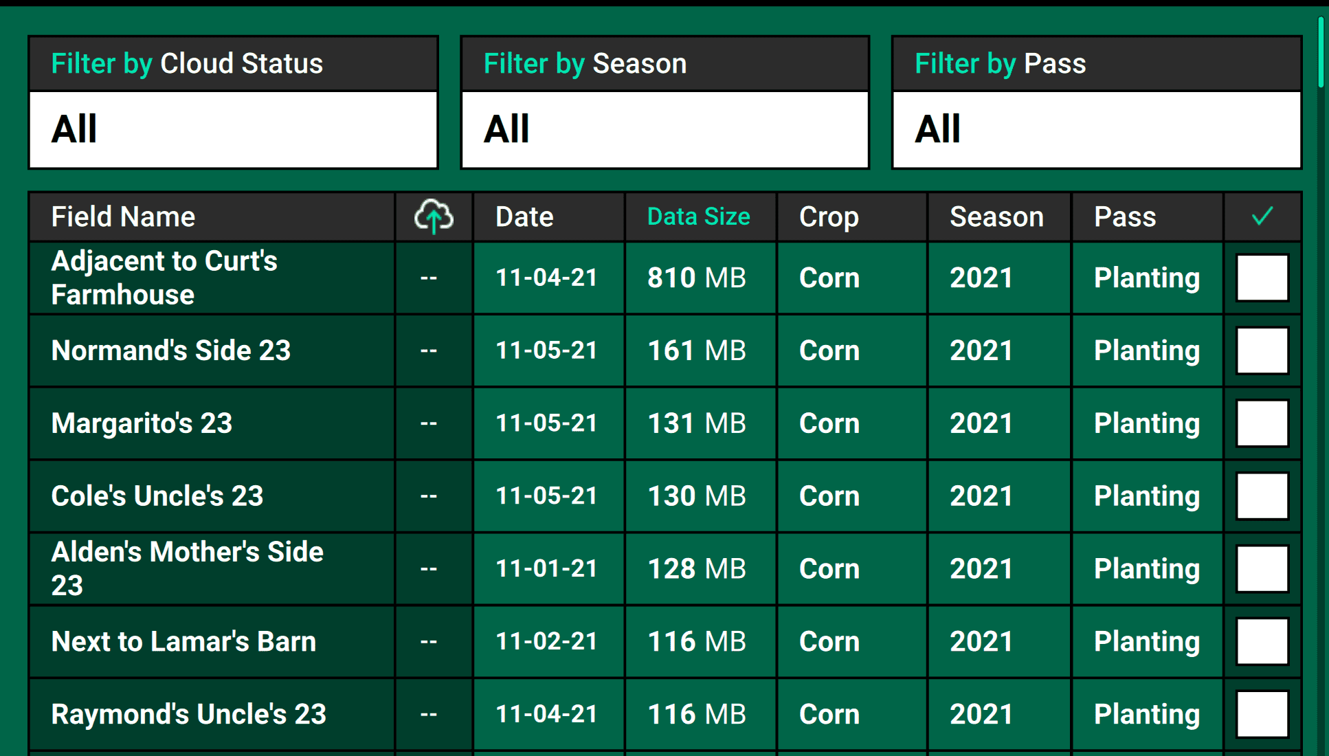 A table showing field map data available to delete, sorted by Data Size (note the highlighted column name) to help identify the quickest way to free up space. Tapping the boxes on the right will select (and deselect) field sessions to delete. To sort by another category, like Crop, you would tap on the top of that column.
