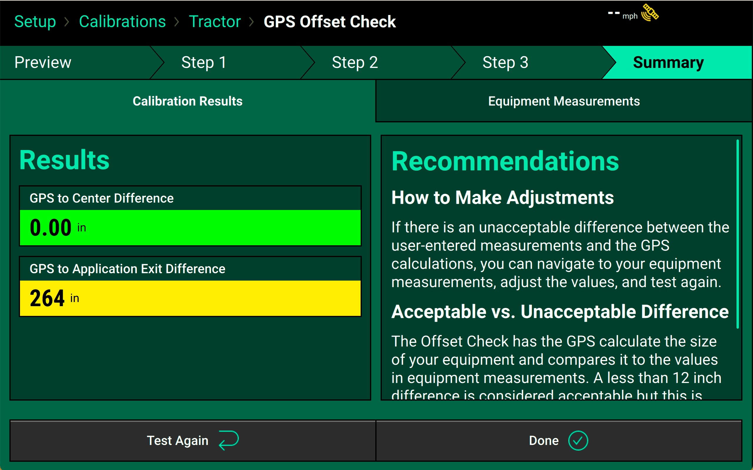 The final page of the GPS Offset Check shows two values, in green if the check was good and in yellow if it requires attention