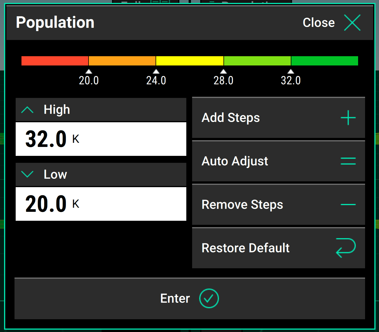 The legend adjustment popup lets you change the values represented in the metrics layer of the map.