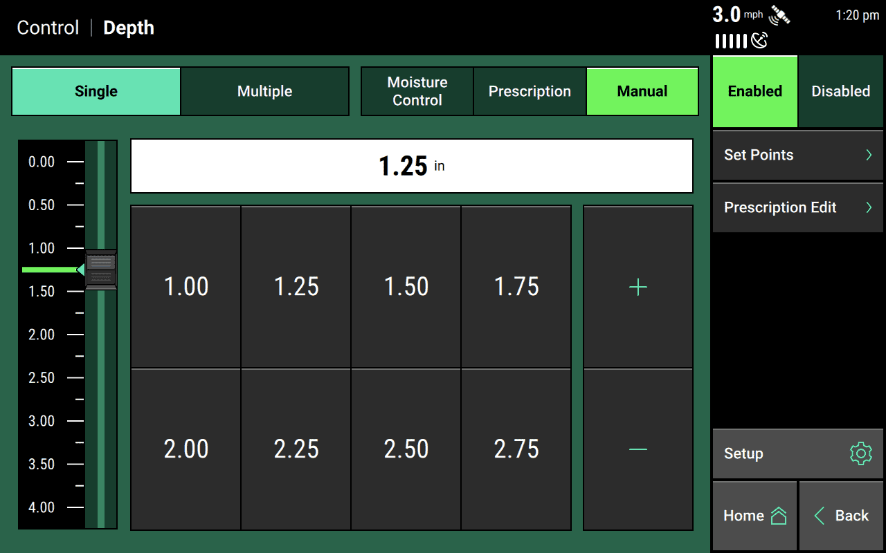 An example Depth control page in Manual mode.