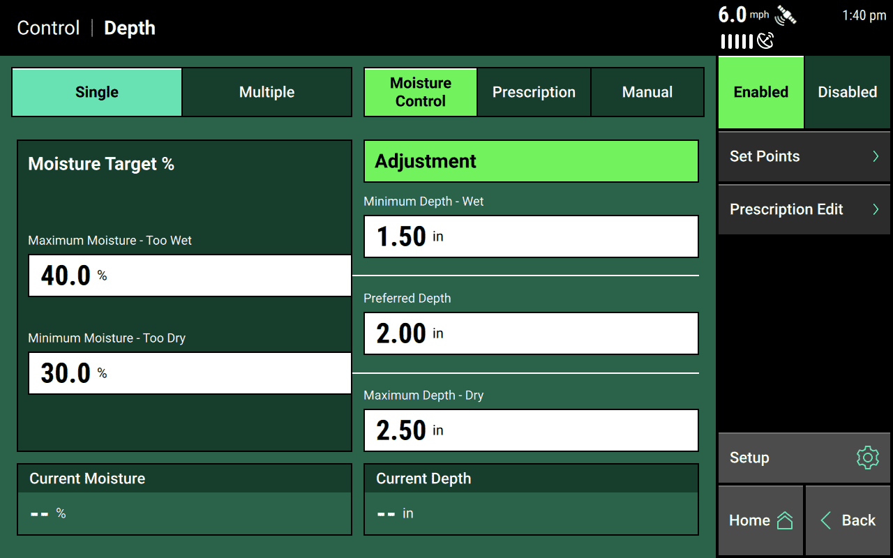 The Depth control page when set to use Moisture Control instead of Manual or Prescription modes. On the lefthand sid, you set the moisture targets for the depth module to try to stay within, and on the righthand side, you give some hard boundary conditions for the module to obey when the soil is just too wet or too dry to find ideal moisture levels.