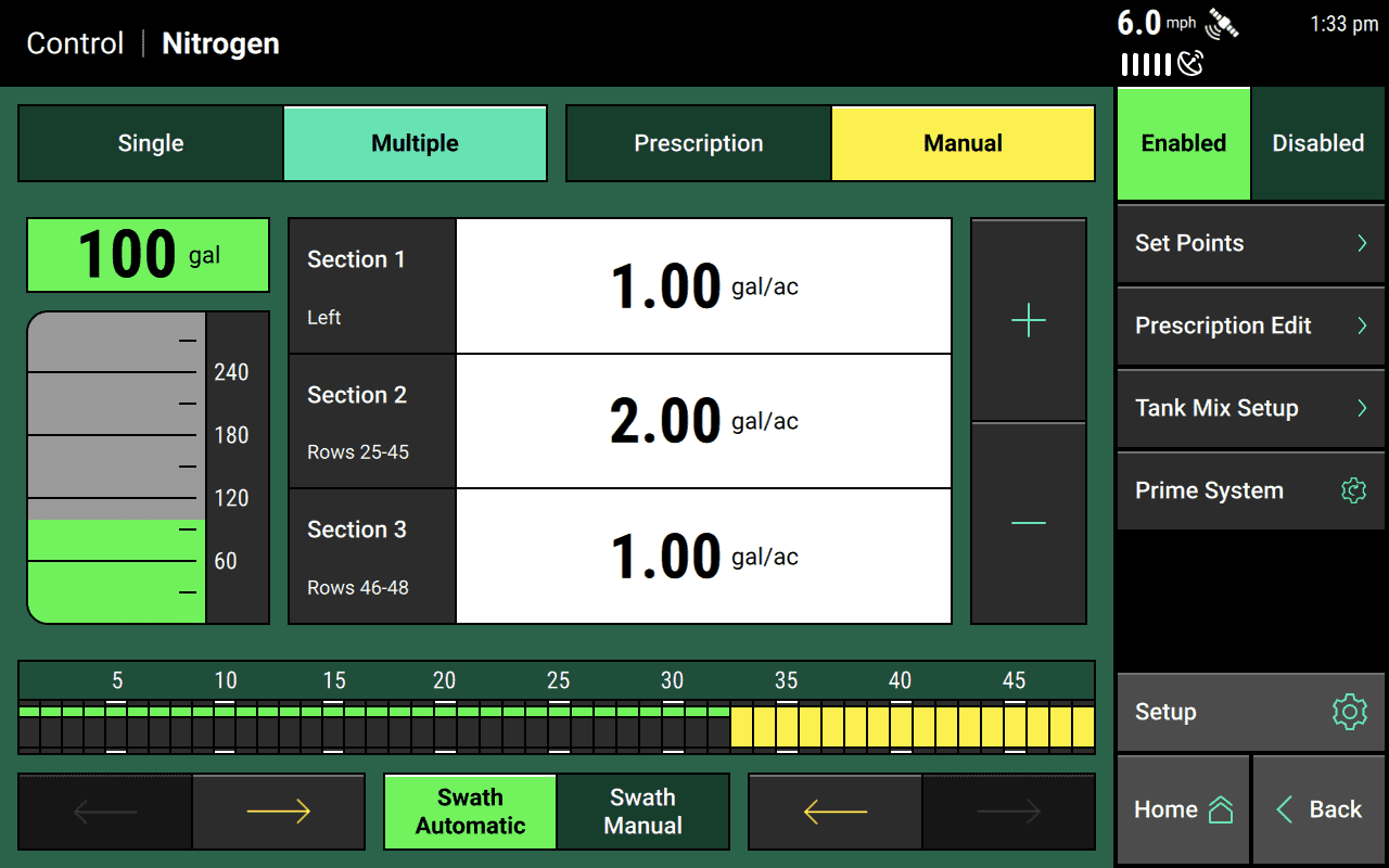 An example of a control page set to Multiple (top left) to take advantage of the three Control Sections configured in the Systems setup menu.