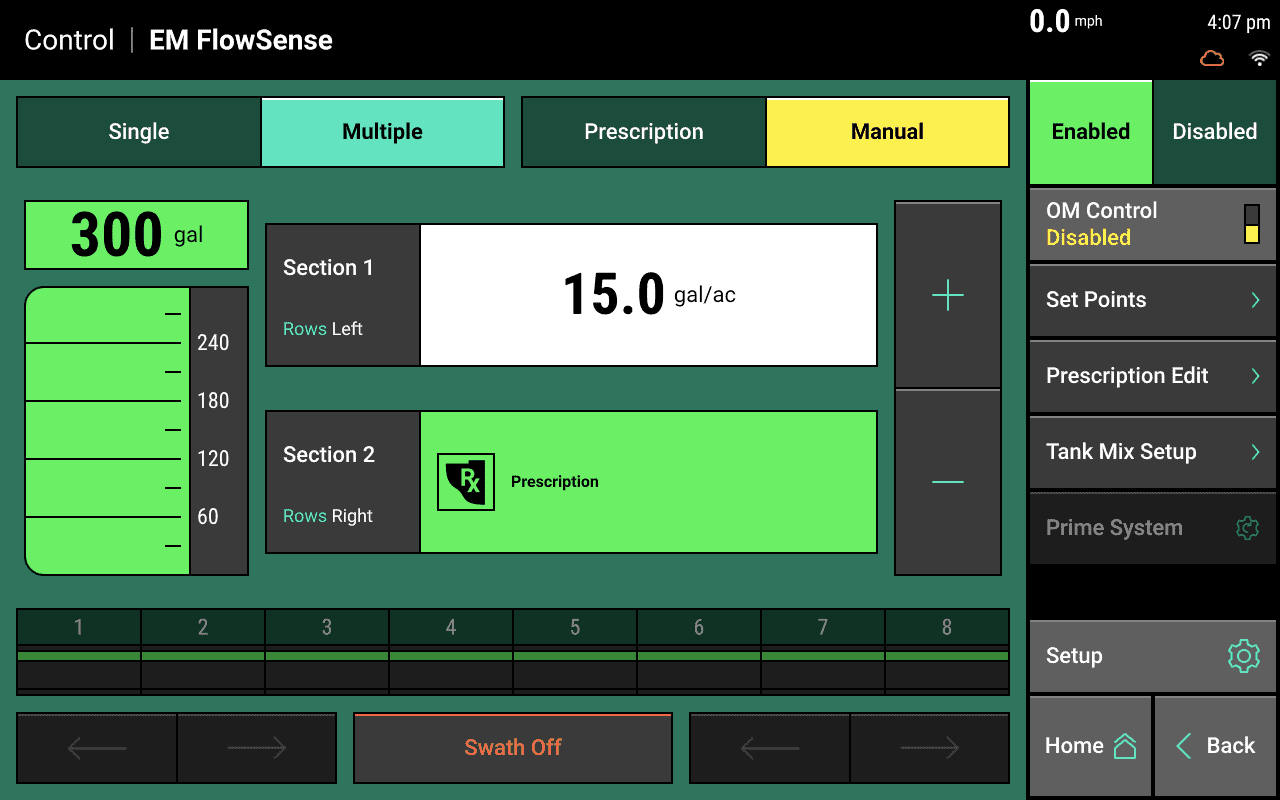 A liquid system set to apply at different target rates for the left and right row sections. Note how the upper left toggle is switched to Multiple. 