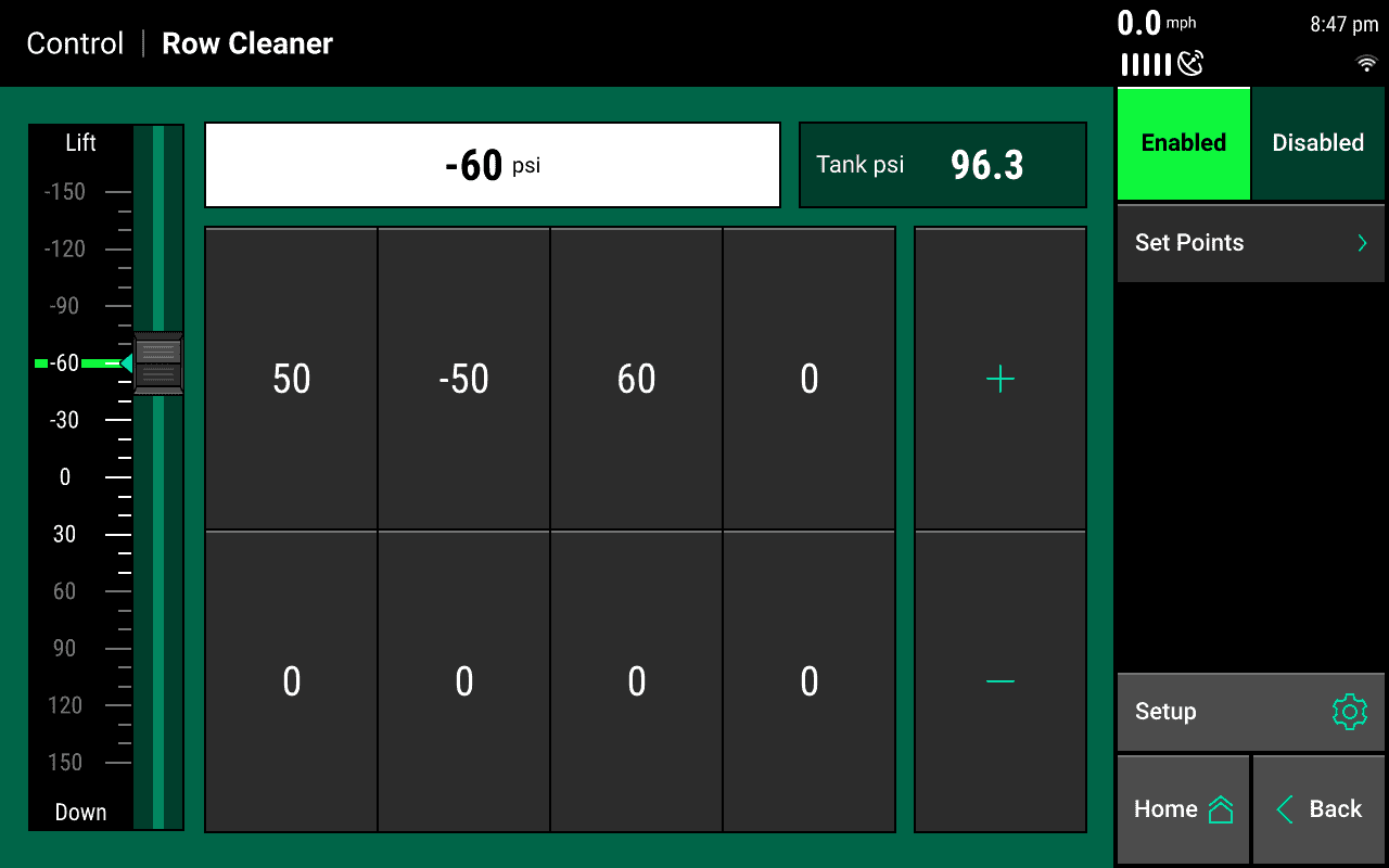 Row Cleaner Control page, with several “set points” configured to allow one-touch switching between 50, -50, and 60 psi targets.