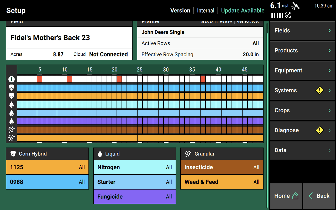 All configured products on your 20|20 have a color assigned to them, as you can see on the Setup menu homepage. In this example, Insecticide is brown and Fungicide is purple. These colors are also used on metrics dashboards to signal what, if anything, each row is applying.
