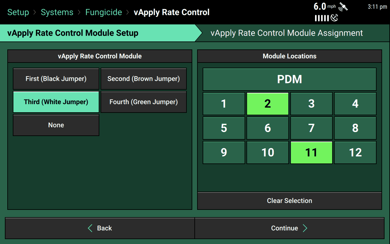 The first step in setting up vApply Rate Control: telling the system which jumper the module is plugged into and at which locations on the planter.