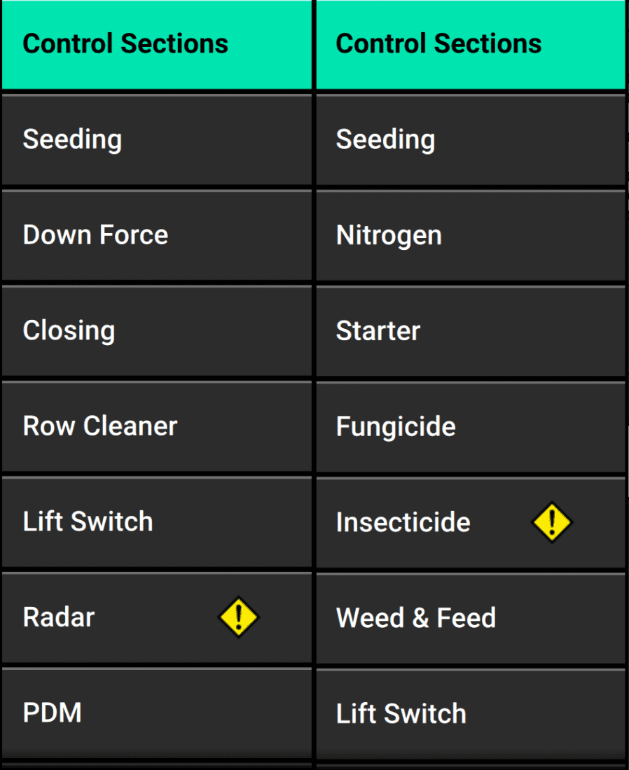 A side-by-side comparison of the systems listed in the menus of two different implements (after initial setup): one with Down Force, Closing, and Row Cleaner systems and the other with Nitrogen, Starter, Fungicide, and others. 