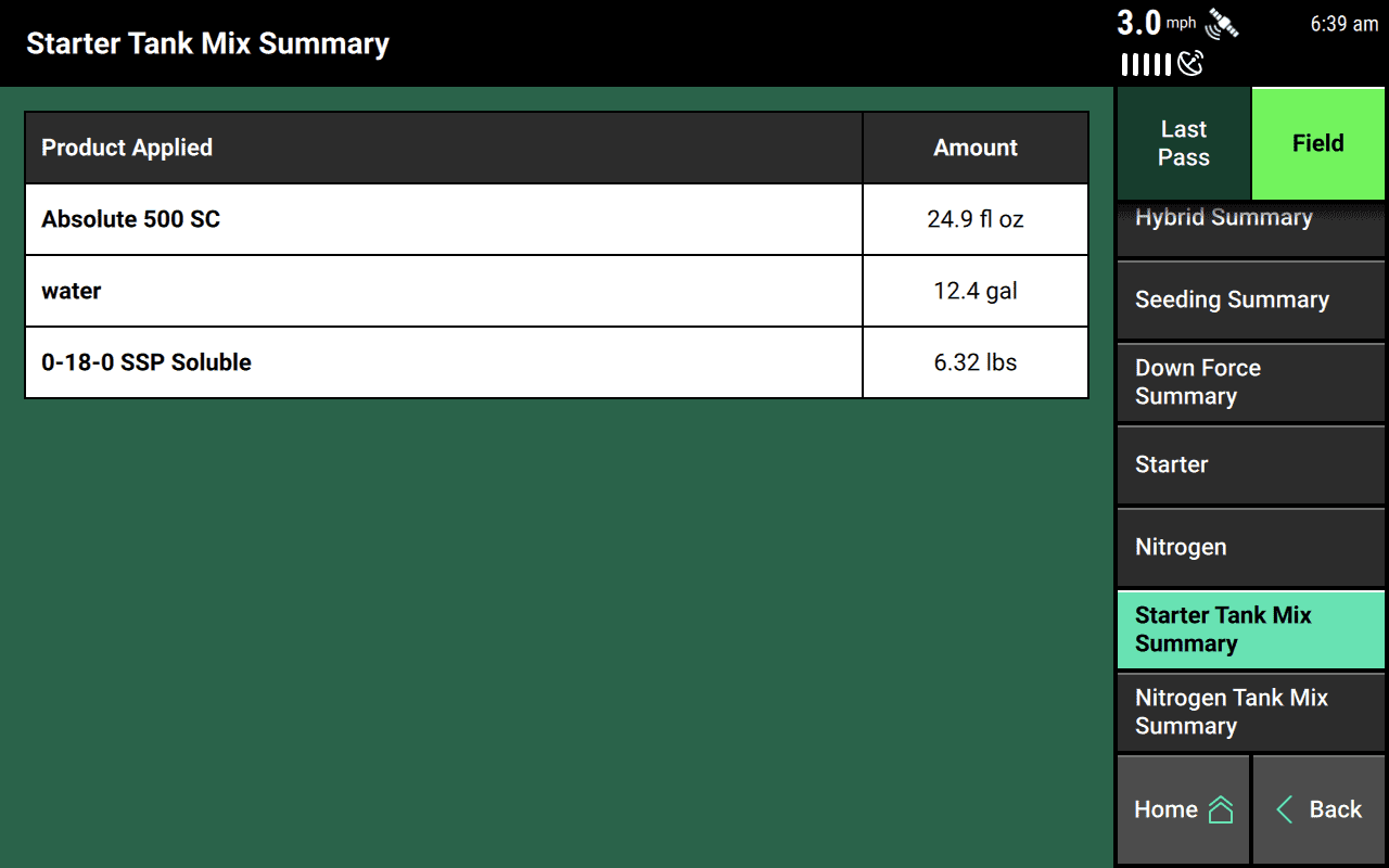 An example Tank Mix Summary page for a Starter liquid system. 