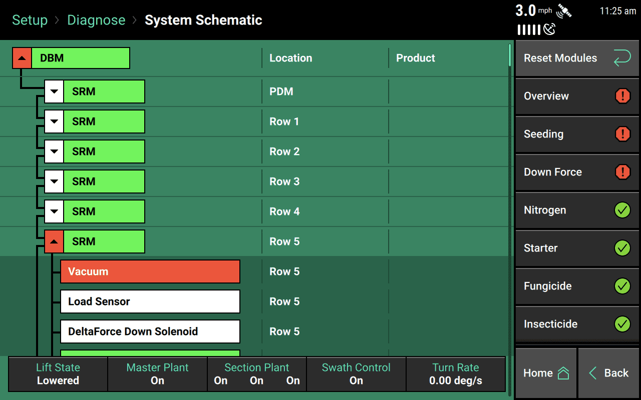 The System Schematic page can be used to explore the implement on a row-by-row basis, tapping on specific rows to view the status of each piece of hardware on them (as shown here with Row 5).