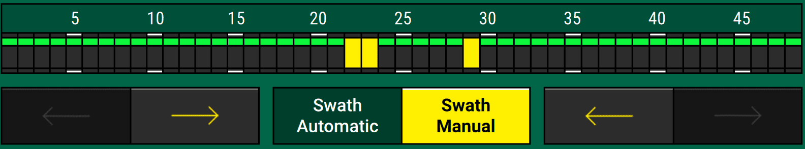 A swath control chart on a system control page, with rows 22, 23, and 29 manually turned off by tapping them