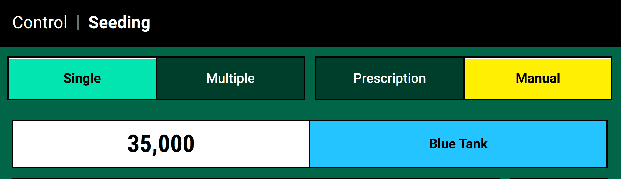 The top of the seeding control page. When on manual mode, as shown here, you can tap the Blue Tank button to switch to orange (and vice versa).